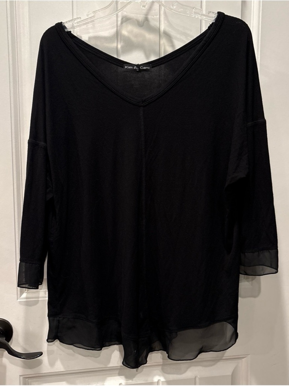Kim & Cami Black V-Neck Sheer-Hem Tunic Top